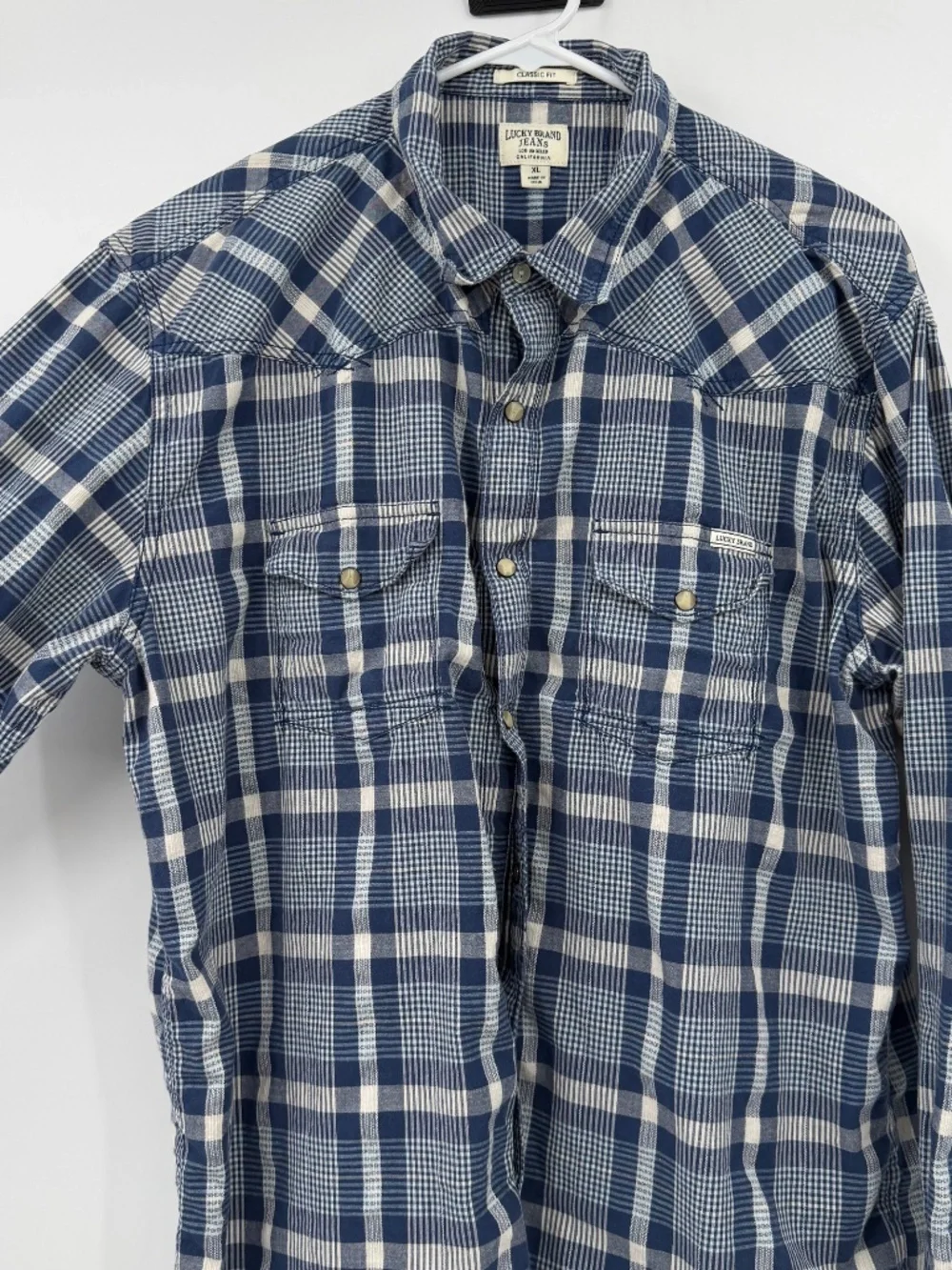 Lucky Brand Shirt Men XL Blue Pearl Snap Buttons Up Long Sleeve Western Plaid